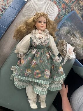 Porcelain Collector Doll in Green Floral Dress with Hat
